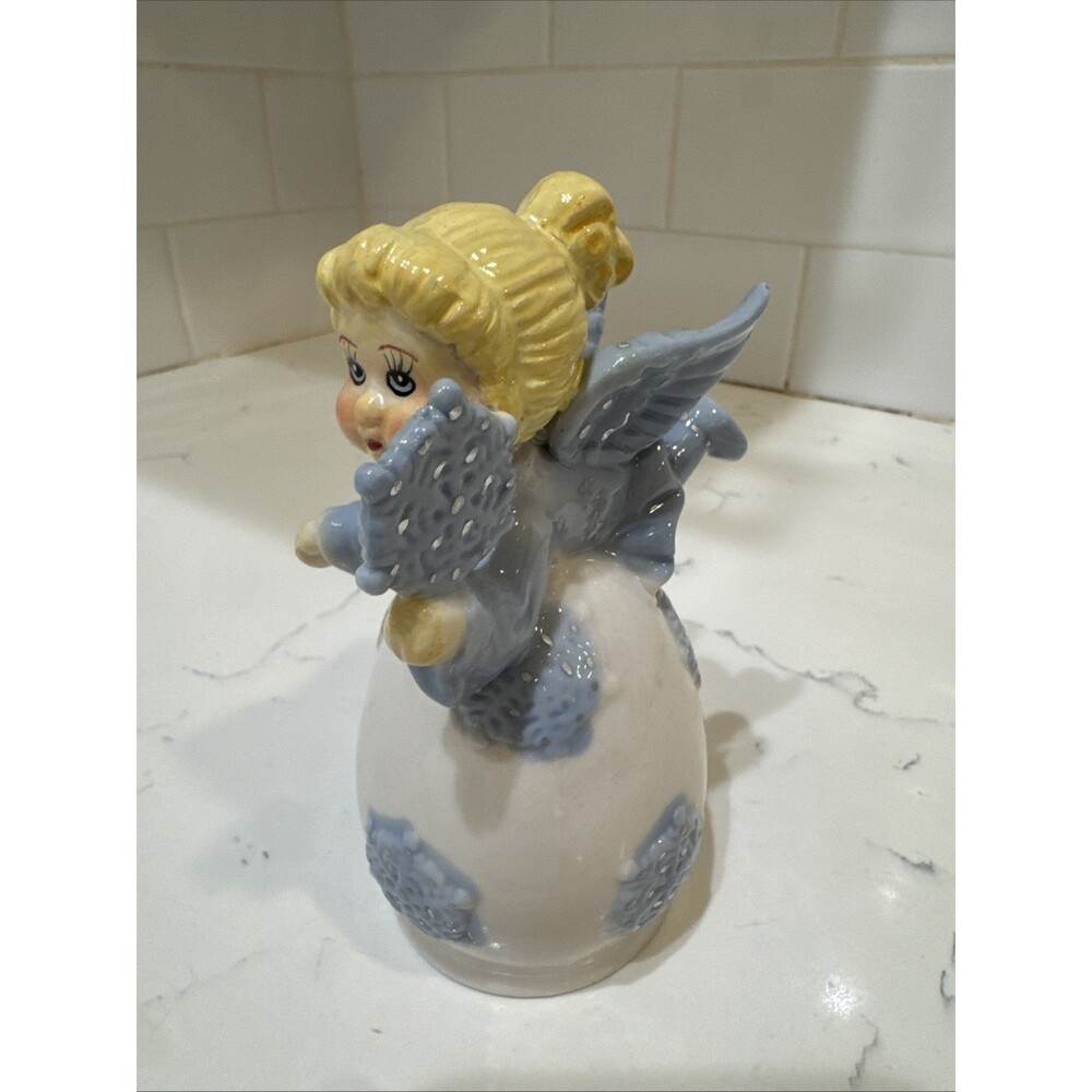 Ceramic Angel Bell with Blue Dress And Snowflakes Vtg Angels 5.25” - Picture 3 of 11